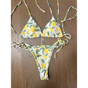 Lemon Print Triangle Bikini Set Yellow White Citrus Side Tie Swimsuit S
